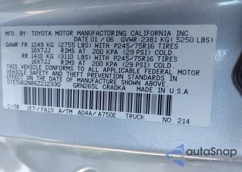 2006 Toyota Tacoma V6 z USA, uszkodzony, nr VIN 5TETU22N76Z212330
